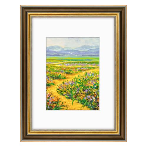 Image of Golden State Art,9x12 Ornate Picture Frame Holds 6x8 Photo,Brown Gold | Includes real glass front,white mat,build-in hangers and buttons.Displays 6x8 photo on wall