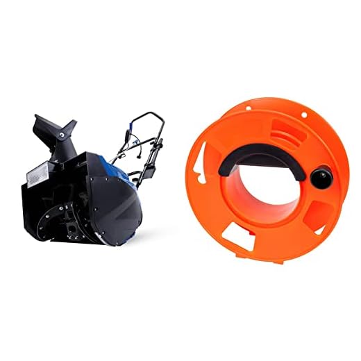 Snow Joe SJ623E 18-Inch 15-Amp Electric Single Stage Snow Thrower w/Headlights, Blue Clearing Width, Motor & Bayco KW-110 Cord Storage Reel with Center Spin Handle, 100-Feet,Orange