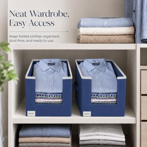 Image of VERVENIX Shirt Stacker Set of 6, Non Woven Foldable Clothes Storage Organizer with Handle, Wardrobe Closet Organizer, Space Saving Cloth Organizer for T-Shirts, Shirts, Jeans, Blue