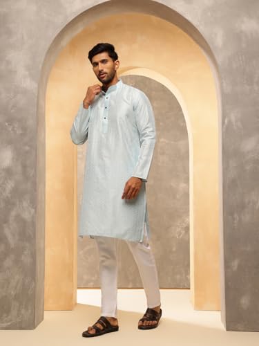 Image of SOJANYA (Since 1958 Men's Silk Blend Long Kurta with Subtle White Detailing | Traditional Ethnic Wear for Navratri