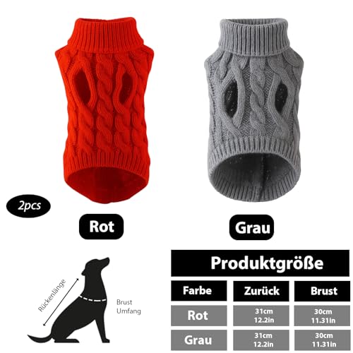 Dackel Pullover, Hundepullover Kleine Hunde, 2 Stück Set in Khaki und Rot, Weicher Strick für Dackel und Kleine Hunde, Leicht und Atmungsaktiv, Größe L