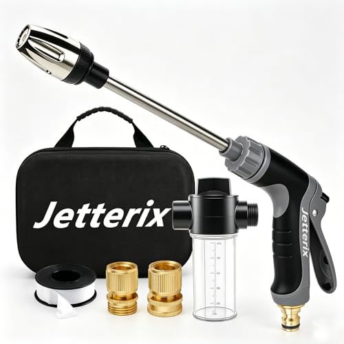 Jetterix Pressure Nozzle Washer 360 Rotating Garden Hose Nozzle 3 Spray Modes Handheld Power Washer Gun - Fits U.S. 3/4 Inch GHT Threaded Hoses