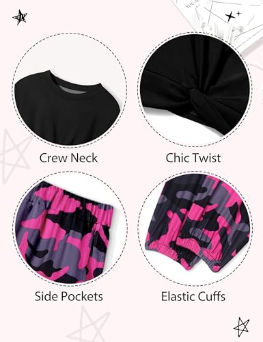 Image of NECIOUS Girls Fall Outfits 2 Piece Fashion Twist Front Pullover Sweatshirt and Camo Pants Clothing Sets 5-14Y