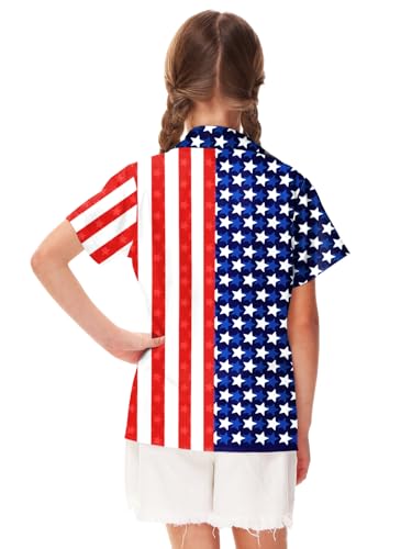 Image of Remimi Unisex Kids 4th of July Button Up Shirt Boys American Flag Print Hawaiian Beach Short Sleeve Tops 5-14 Years