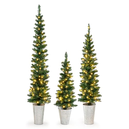 GOFLAME Set of 3 Pre-Lit Potted Christmas Trees, Artificial Penci...