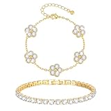 Women's Stackable Gold Flower Bracelets - 14K Gold Plated Four Leaf Floral Tennis Bracelet Set,Trendy Non Tarnish Golden Cubic Zirconia Bracelets, Wedding Birthday Lucky Jewelry Gifts for Girlfriend