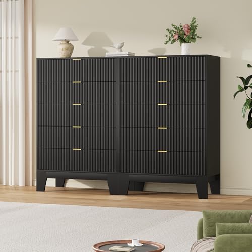 Image of Garvee 5 Drawer Dresser for Bedroom, 47 inch Tall Fluted Chest of Drawers with Metal Handle, Modern Wooden Dresser TV Stand, Clothes Storage Organizer Wood Closet for Hallway, Entryway, Black
