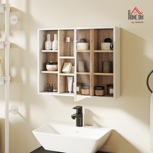 Miniatura 3 de Homcom Armario Espejo Con Espacio Interno Con Estantes Ajustables Armario De Baño Montado En La Pared Con Estantes Abiertos 60x14,5x49,4 Cm Blanco Y Roble