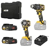 JCB 18V Pro Brushless Twin Pack - Combi Drill (75Nm) & Impact Driver (230Nm) Kit - Includes 2X 2.0Ah Batteries, 4.5A Fast Charger & Heavy Duty Case - Cordless Power Tool Set - 3 Year Warranty