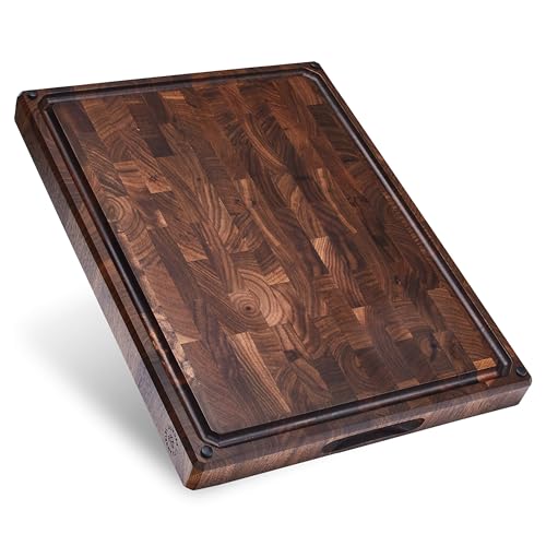 Sonder Los Angeles Alfred Cutting Board Made in USA | Black Walnut End Grain Cutting Board with Non-Slip Feet, Juice Groove, Sorting Compartments | Gift Box Included | 17x13x1.5 in