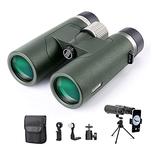 Luxtude 10x42 HD Binoculars for Adults, High Power Waterproof Binoculars, 20mm Eyepiece Large View for Bird Watching, Hunting, Outdoor Sports, Concerts -4 Pack Accessories for Photography (Green)