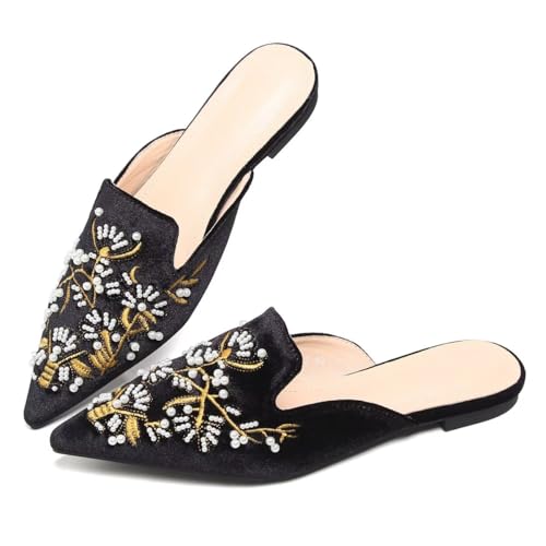 LUXINYU Women's Chinese Floral Embroidery Pointed-Toe Flats Comfortable Suede Casual Mules House Slippers Shoes2
