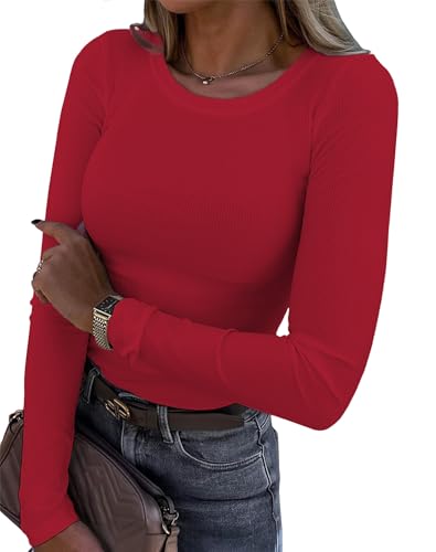 Damen Langarmshirt Rundhals Slim Fit Rippstrick Oberteil - Langarm Basic...