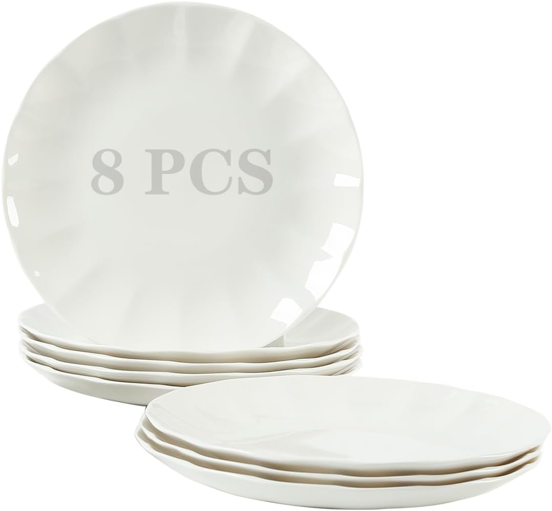 TAMAYKIM 10.5 Inch Porcelain White Dinner Plates Set of 8, Shallow Coupe Round Plates with Petal Edge for Pasta Salad, Steak Serving Dinnerware - Scratch Resistant, Microwave, Oven & Dishwasher Safe