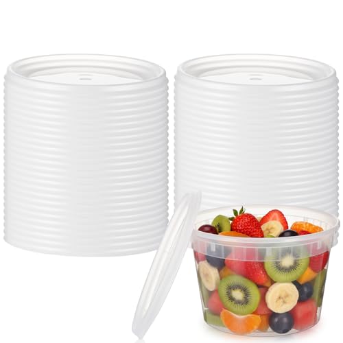 Acellegic 50 Pack Clear Deli Container Lids Plastic Reusable Lids for 8 16 32oz Deli Container Soup Freezer Microwave Dishwasher Safe Not Include Cups