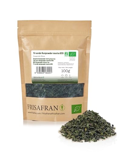 FRISAFRAN | Té Verde Gunpowder Menta Ecológica Granel 100g | Antioxidante | té verde japonés | Digestivo | saludable | bebida refrescante | Infusión de menta | té puro | Hojas de Menta | caliente-frio