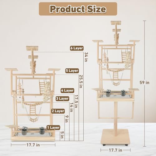 Bird Playground – 7-Level Natural Wood Parrot Playstand with Toys & Feeders, Modular Two-Tier Bird Play Gym, Detachable Top Tabletop Stand & Mobile Floor Play Center - Thumbnail 3