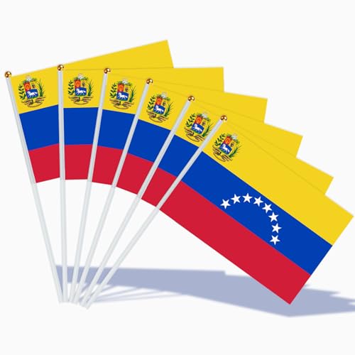 AhfuLife Drapeau Venezuela 14x21 cm – Lot de 15 Mini Drapeaux Vénézuéliens avec Mât Blanc, Décoration Intérieur/Extérieur pour Coupe du Monde, Fête Nationale du 5 Juillet, Célébration Sportive