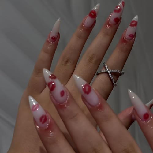 24Pcs Valentine‘s Day Press on Nails Long Almond Fake Nails Glossy Full Cover Lips False Nails