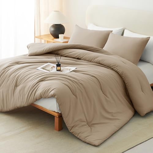 CozyLux King Size Comforter Set Taupe 3 Pieces Lightweight Down Alternative Quilted Bedding Sets All Season Soft Breathable Solid Comforter with 2 Pillowcases Luxury Bed Set for Home