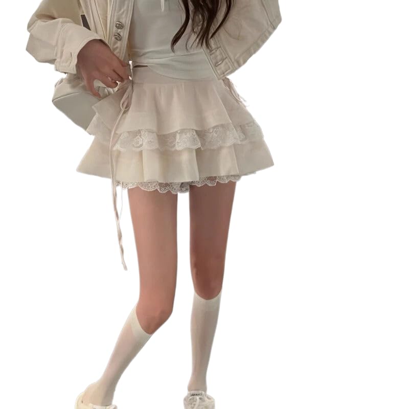 OrDobo Gonne Corte da Donna - Minigonna Patchwork Ricamata in Pizzo Dolce A Strati Carino Casual Temperamento A Trapezio Tutto-Fiammifero Tinta Unita Streetwear Beige L