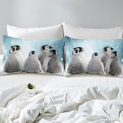 Homemissing King Penguin Comforter Cover Set Cute Penguin Duvet Cover Fun Animals Bedding Set Children Adult Cute Animal Pattern Wool Super Soft Bedroom Decoration - Image 4