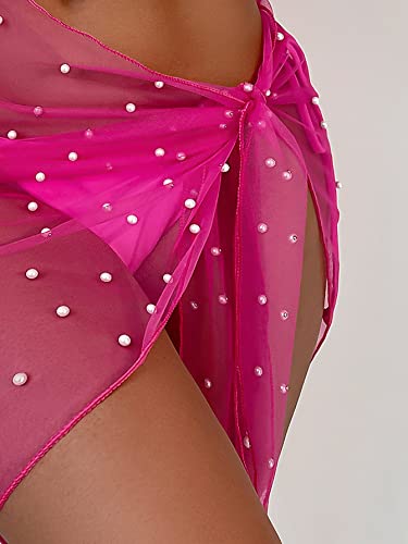 Image of GORGLITTER Women's Cover Up Sarong Wrap Skirt Bachelorette Outfits for Bride Sheer Mesh Bridal Swimsuit Pearl Bathing Suit