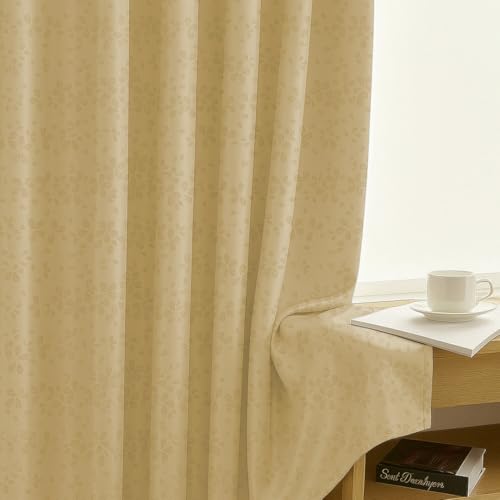Image of LINENWALAS 100% True Blackout Curtains 9 Feet Long - 1 Panel, Raindrop Floral Design Complete Light Block Thermal Insulated & Noise Reducing Room Darkening Curtains (Raindrop Golden Beige)