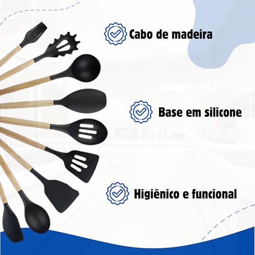 Kit Utensílios de Cozinha Silicone, Antiaderente, Resistente ao Calor, Cabo de Madeira, Jogo de Talh