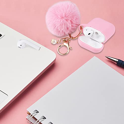 Pink Case For Women Cute Case Designed For Airpods Cover With Pom Pom, Silicone Protective Keychain Case Compatible With Airpods 1/2, Accessories Keychain And Pom Pom(Pink) #TOP3