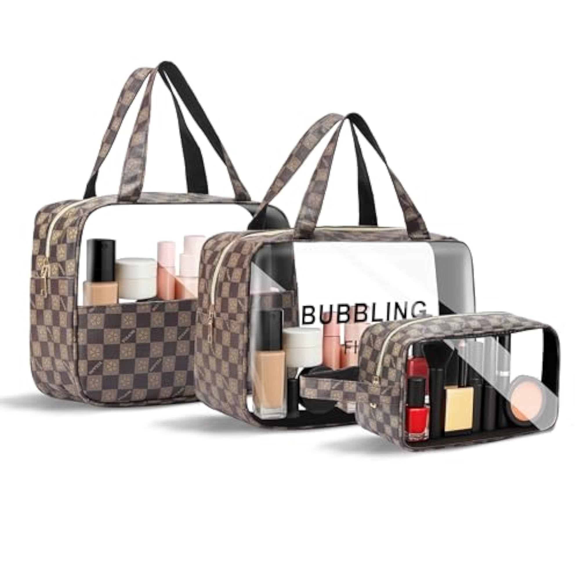 3-Piece Checkered Cosmetic Bag Set, Makeup Organiser