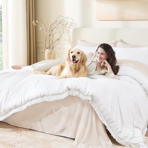 Image of Andency White Comforter Set Full, 3 Pieces Boho Lightweight Bedding Comforters & Sets, All Season Soft Fluffy Tassel Bed Set (79x90In Comforter & 2 Pillowcases)