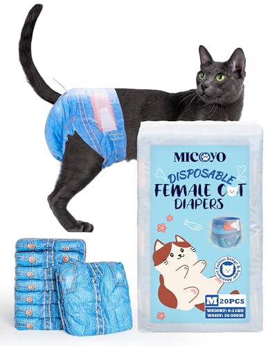 MICOOYO Einweg-Katzenwindeln, Katzenwindeln für weibliche Katzen, sehr dehnbar, super saugfähig, geeignet für Katzen mit Hitze oder Inkontinenz, 20...
