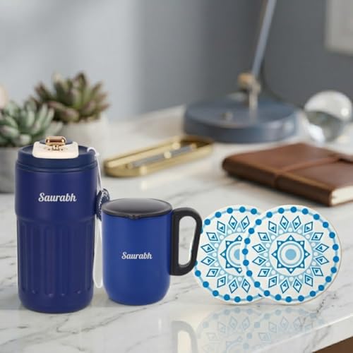 Image of Giftana 3 in 1 Personalized Tumbler 420ml with Coffee Mug & 2 Coasters - Customized Gift Set for Men & Women, Ideal for Husband, Father, Corporate Gifts for Employee (Blue)