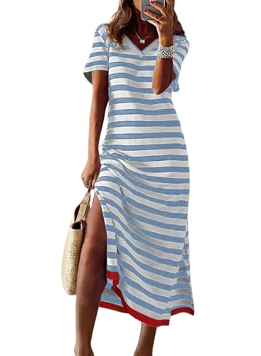 Image of Dokotoo Womens Summer Casual Trendy 2026 Short Sleeve Maxi Dress Striped Split Vacation Color Block T Shirt Dress