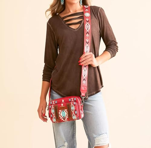 Wrangler Crossbody Bag for Women Boho Aztec Small Western Shoulder Bag with Wide Guitar Strap Gift Red WG2207-3005RD2