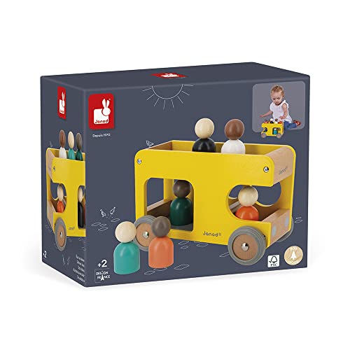 Image of Janod - Bolid Solid Wood School Bus - 6 Characters Included - Silent Wheels - Imagination and Fine Motor Skills - FSC Certified - Water Painting - From 2 Years, J04635, Yellow