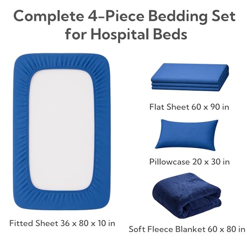 Image of Care Bed Sheets Set 4 Pcs - 36 inchx80 inch Fitted Sheet, Flat Sheet, Pillowcase & Blanket - Twin XL Hospital Style Sheets for Home or Adjustable Beds (Navy Blue)
