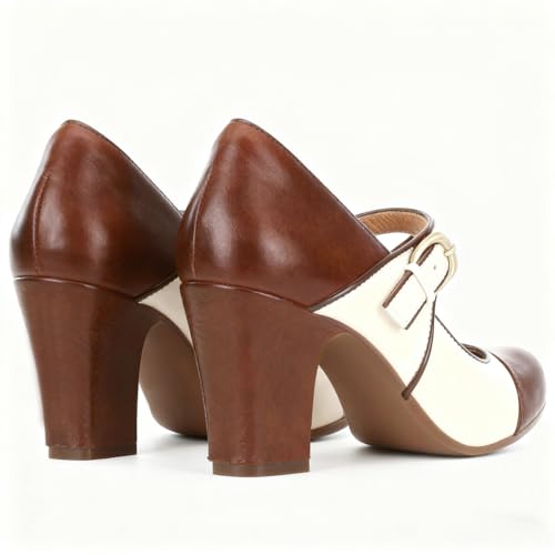 Image of SHODENSE Women Vintage Chunky High Heel Mary Jane Shoes Round Closed Toe Ankle Strap Dress Sandals 3 inch Block Heels Mary Jane Lolita Pumps Two-Toned Patchwork Buckle Office Lady Wedding Retro 4-11 M US