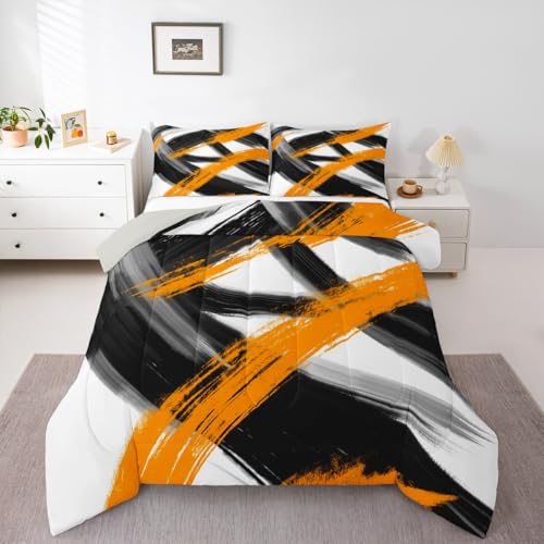 Homemissing Juego de edredón negro y naranja, tamaño doble, juego de ropa de cama geométrico abstracto para niños y niñas, moderno, minimalista, decoración de habitación, microfibra suave transpirable