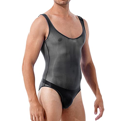 Chictry Men's Shiny Oil Mesh Sheer Bodysuit Sissy Thong Leotard Sleeveless Transparent Nightwear Black One Size #TOP29