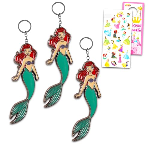 Little Mermaid Ariel Keychain Set - Bundle with 3 Disney Princess Keyrings Featuring Ariel Plus Stickers, More | Disney Princess Keychains for Girls, Kids