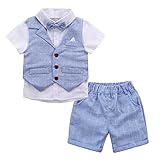 FEESHOW Kinder Baby Jungen Bekleidung Set Gentleman Anzug Kurzarm Hemd Weste Kurze Hosen Set Taufe Festlich Hochzeit Sommer Outtfit A_Himmelblau 74-80/9-12 Monate