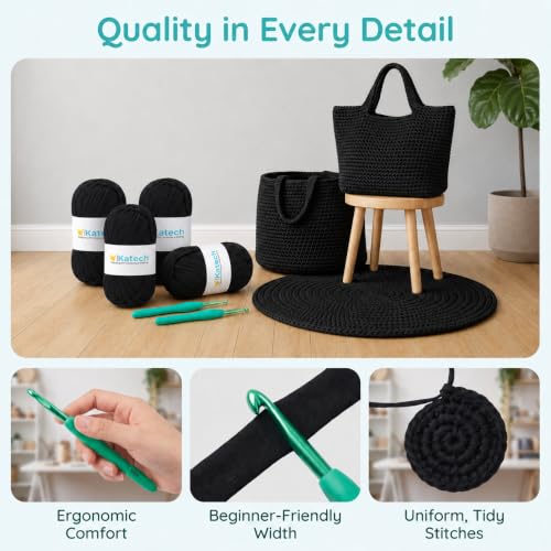 Image of Katech 400g T Shirt Yarn for Crocheting, Elastic Fabric Yarn for Bag-Black