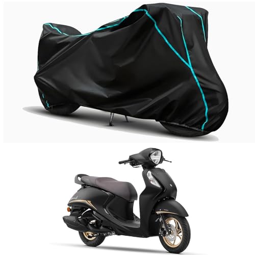 Image of Waterproof Bike Body Cover Compatible for | Yamaha Fascino 125 DLX | Taffeta Fabric, Sky Piping Design, Bottom Elastic Fit | Dustproof, Sun UV & Rain Protection for All Weather.