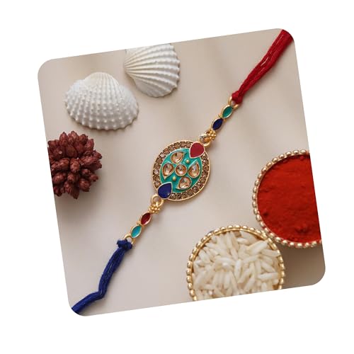 Image of eCraftIndia Peacock Designer Rakhi for Brother with Roli Chawal Pack | Mor Pankh Rakhi for Bhaiya Bhai