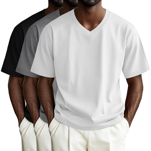 3 Pack Men's Big and Tall T-Shirts, V Neck Cotton Short Sleeve Tees Summer Shirts Basic Slim Fit Tops