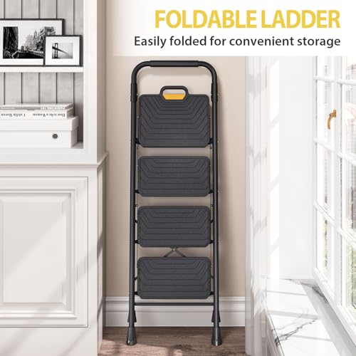 KINGRACK 4 Step Ladder, Sturdy Steel Step Stool with Anti-Slip Wide Pedals, Handrail, Safe-Lock Design, Pass 800lbs Load Testing, Folding Portable Ladder for Multi-Purpose, Home, Kitchen, Black by KINGRACK - Image 6