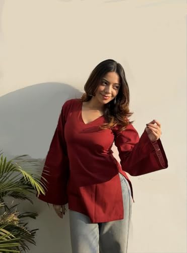 Image of FELISIA Women's Rayon Floral Printed Full Sleeves V-Neck Short Kurti, Bell Sleeves, Short Kurti for Woman, Stylish Ethnic Top, Daily Casual Western & Office wear