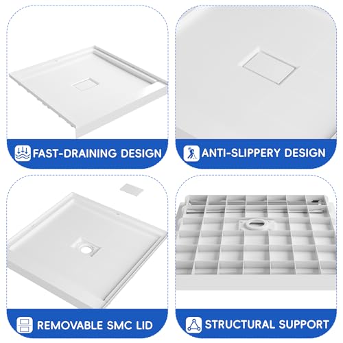 Shower Pan 36\"x 36\", Shower Base, Single Threshold Shower Pan，Non-Slip Shower Pan White SMC Shower Tray for Bathroom Assembly/Center Drain - Thumbnail 5